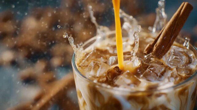 166Macro view of iced pumpkin spice latte splashing over glass edge, droplets sparkling, cinnamon stick and straw catching reflections of warm afternoon light