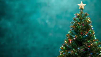 Green Christmas spruce tree with lights on green blue background. Space for text.