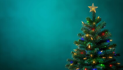 Green Christmas spruce tree with lights on green blue background. Space for text.