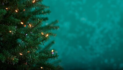 Green Christmas spruce tree with lights on green blue background. Space for text.