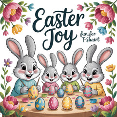 Fototapeta premium Four Easter bunnies painting colorful eggs surrounded by flowers isolated on a transparent background