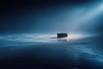 a hockey puck lying on an icy surface, illuminated by a dramatic spotlight from above