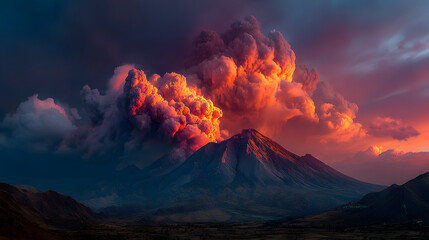 Fototapeta premium Erupting volcano spews ash and lava during dramatic sunset in the mountains