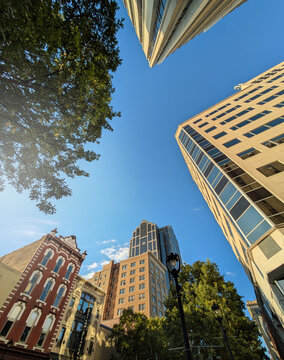 Raleigh ,NC - USA - 10-4-2025: View of Fayetteville St in downtown Raleigh, including the historic Briggs Hardware and Boylan Pearce buildings