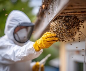 a pest control specialist removing a wasp nest located under house roof