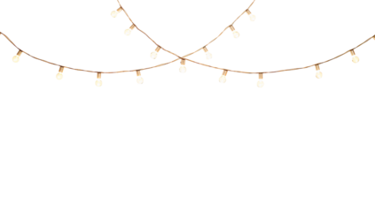 Overlapping strings of glowing vintage light bulbs on transparent background festive illumination