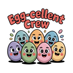 Group of smiling cartoon Easter eggs with faces holiday isolated on a transparent background