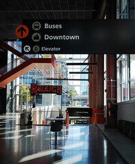 The lobby of Union Station in Raleigh North Carolina with downtown buildings