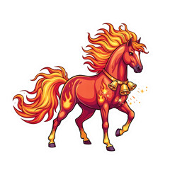 A fiery horse with golden highlights walks proudly with flaming hooves.