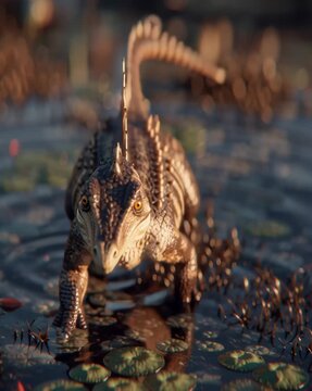 A baby Spinosaurus wades through shallow water and looks around. -generative ai