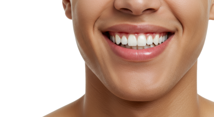 Young man's extreme close-up smile, perfect white teeth, healthy pink gums, glossy lips, clear skin, bare shoulder, transparent studio background with copy space. Dental health concept
