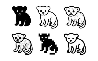 Diverse styles of cute cartoon lion cubs: silhouette, line art, pixel art, and more