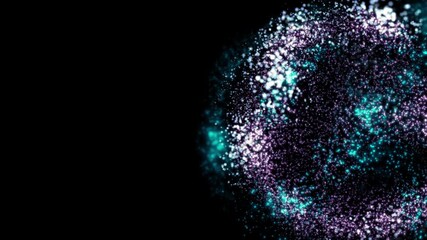 Energy Sphere concept as data clouds in digital collaborative workspace. Concept for data and machine learning AI technology.
Circular cluster of teal and purple particles on black background. - Powered by Adobe