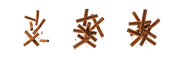 Set of Scattered Clusters of Dried Cinnamon Sticks on White Background &ndash; oil paint png