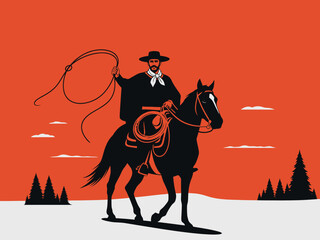 Naklejka premium Cowboy Riding Horse with Lasso Illustration