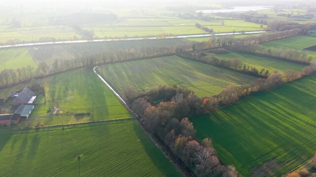 Aerial view of rural fields with crop rows, tree shadows, canal, and farm buildings sunlit landscape blending agriculture, infrastructure, and natural geometry.