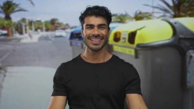 Young hispanic man forms hashtag with fingers by recycling container on street; social connection playfulness.