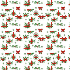 A festive Christmas pattern featuring red bows, pine branches, holly berries, and green snowflakes arranged in a seamless repeating design