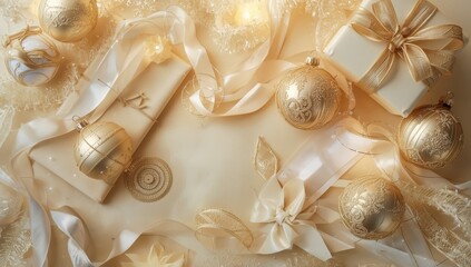 Christmas golden ornaments and gifts, presents on light background. Winter xmas holiday festive theme. Christmas decoration