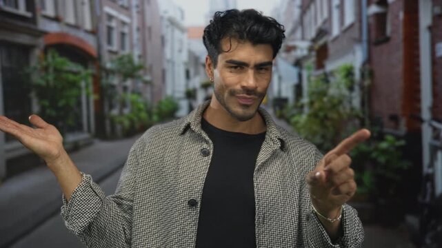 Young hispanic man shakes finger in a no gesture on a narrow city street while wearing a patterned jacket and focused expression; denial.