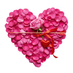 Obraz premium Vibrant pink and fuchsia rose petal heart, layered, pierced by a slender pink rose, green stem, glossy red ribbon heart, transparent studio background, romantic love concept for Valentine's Day