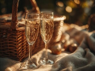 Two elegant champagne glasses placed on a beige picnic blanket