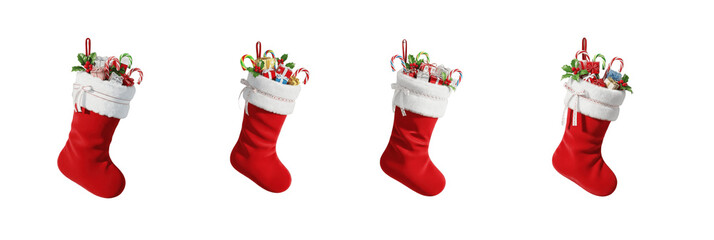 Collection of Red Christmas Stockings Filled with Treats, Isolated on white with Oil Paint Texture (PNG)