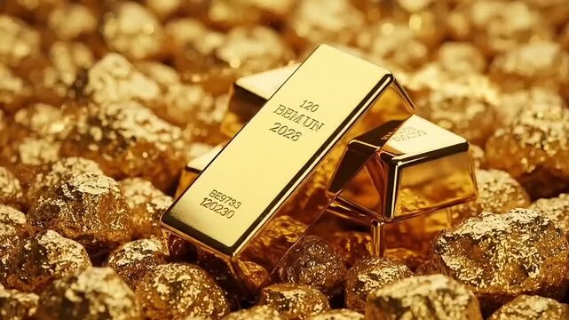 Gold nuggets and polished gold bars with text 120 bem un 2028 arranged in glowing scene showing wealth treasure investment finance market value asset and enhanced animated motion graphic video footage