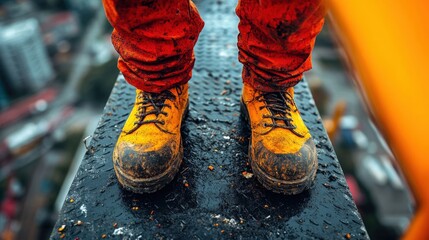 A pair of weathered yellow boots rests on a reflective metallic surface, with a distant blurred cityscape providing context.  Evokes themes of travel, adventure, and urban landscapes.