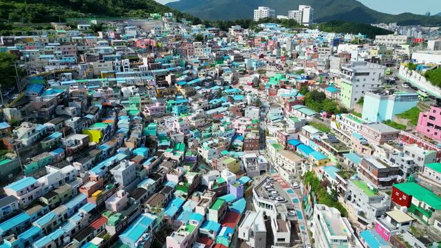 Flying over the Gamcheon Culture Village in Busan, South Korea