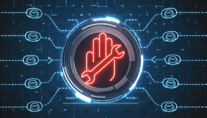 Digital Engineering Icon:  A vibrant digital icon featuring a hand holding a wrench is at the heart of the image. The neon-lit symbol, surrounded by glowing lines and circuit patterns.