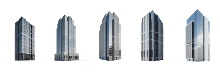 Collection of Modern Office Building Skyscrapers, Isolated on white background with  Oil Paint Texture (PNG)