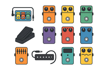 Collection of colorful guitar pedals and equipment.