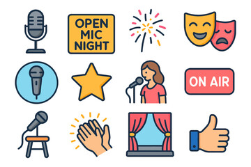 Open mic night icons: microphone, stage, female performer, comedy tragedy masks, applause.
