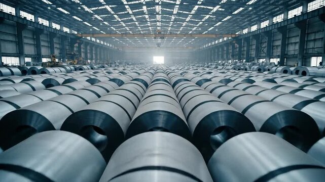Large metal coils warehouse industrial production storage facility manufacturing material