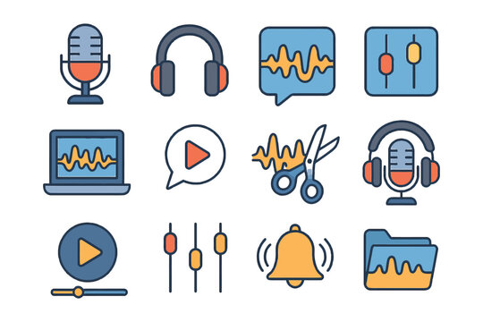 Audio editing icons set featuring microphone headphones waveforms and controls.