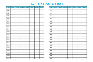 24 Hourly Weekly Schedule - Monday Start. Mockup for daily scheduling and time management. 30-minute increment hourly planner templates. Time Planner.