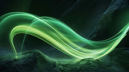 Green Light Trails in Dark Rocky Environment abstract