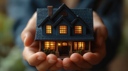 A delicate miniature house illuminated with warm light, represented in someone's hands. This image evokes feelings of security, nurturing, and cherished memories.