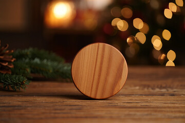 Round wooden circle on rustic table with pine branch and blurred Christmas lights background texture
