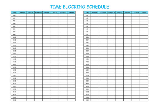 24 Hourly Weekly Schedule - Monday Start. Mockup for daily scheduling and time management. 30-minute increment hourly planner templates. Time Planner.