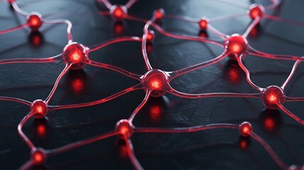 Red Neural Network with Glowing Spheres and Connections