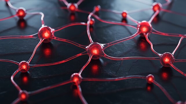 Red Neural Network with Glowing Spheres and Connections - Powered by Adobe