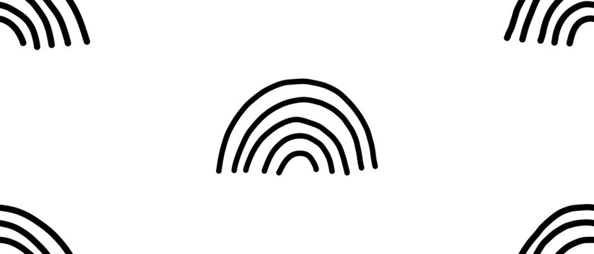 Seamless doodle pattern with black rainbows on white background. Minimal geometric vector texture in simple outline style. Vector illustration on an isolated background.