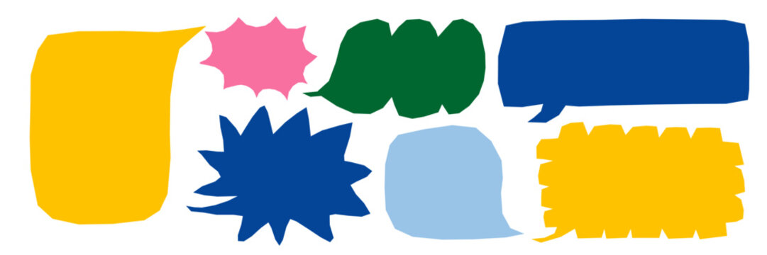 Childlike paper shapes inspired by speech boxes and dialog forms. Rough textures and wave patterns create a scrapbook look. Perfect for trendy illustration projects