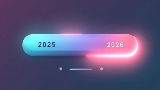 Futuristic user interface element switching from 2025 to 2026. A sleek, modern toggle with glowing neon light effect for a new year concept