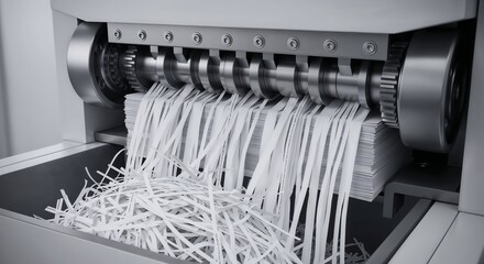 Paper shredder in action with shredded documents spilling out. Shredded documents pouring out of a paper shredder that's currently in action.  