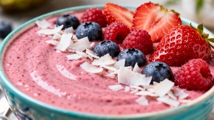 Smoothie bowl topped with fresh strawberries, blueberries, and coconut. Delicious smoothie bowl garnished with fresh strawberries, blueberries, and coconut.