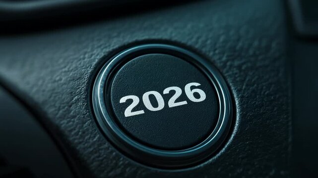 Close-up of a finger pushing a start button with the number 2026. The button glows orange, symbolizing a new beginning and future
