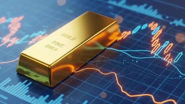 Gold bullion with engraved text GOLD FINE and purity mark 9999.9 on financial market chart enhanced with animated motion graphic video footage showing trend analysis value movement trade wealth invest